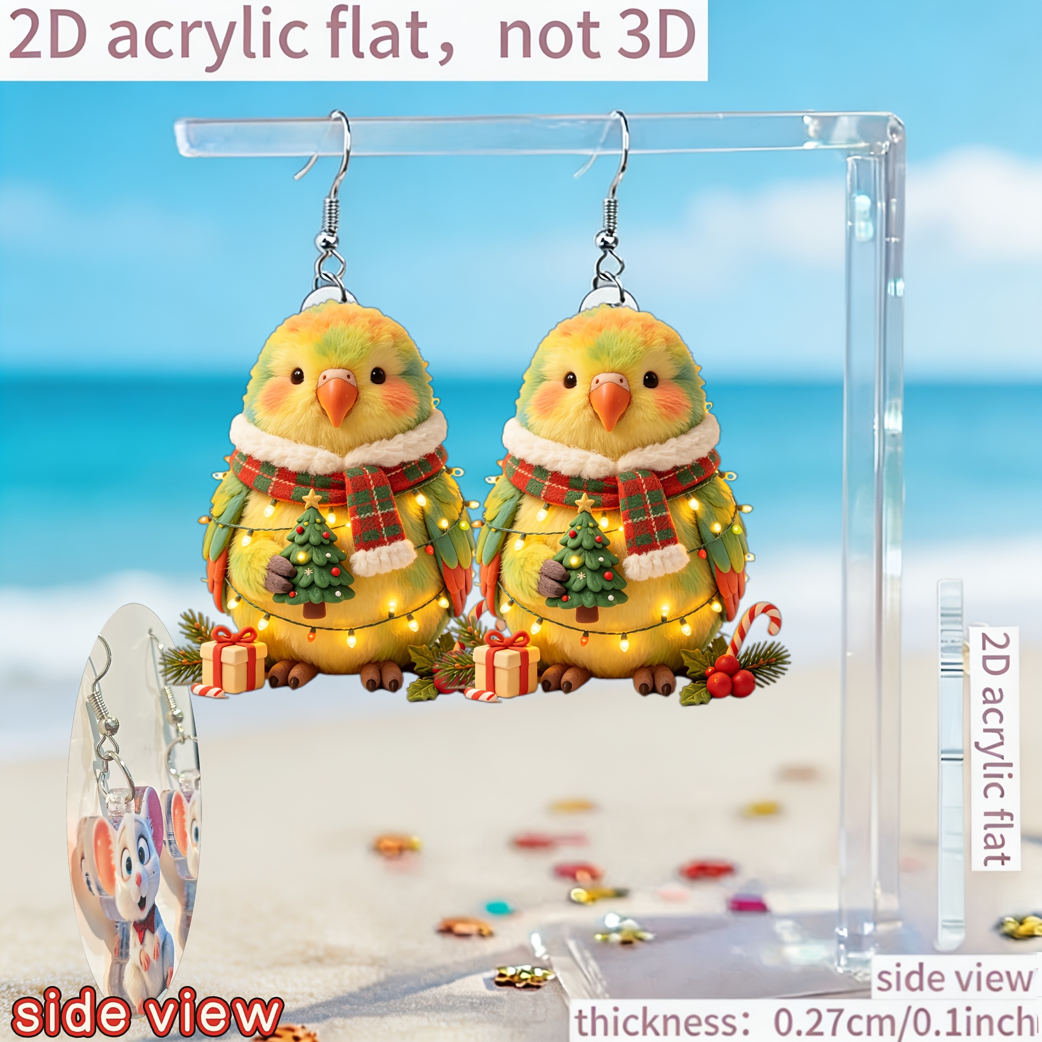 2D Acrylic Flat Christmas Parrot Earrings, Cute Gift